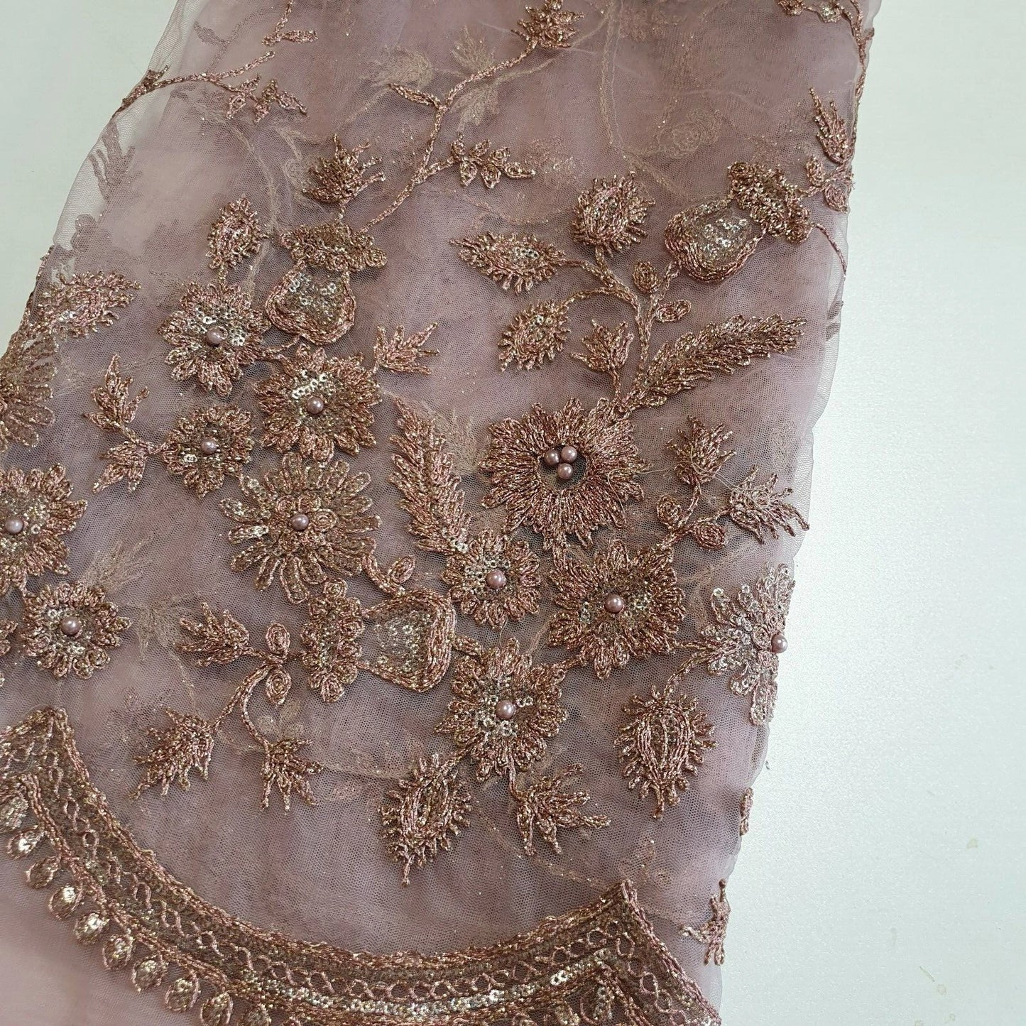 Blush Pink Luxury Embroidered Net Fabric with Sequins & Pearl Work 44" By The Meter