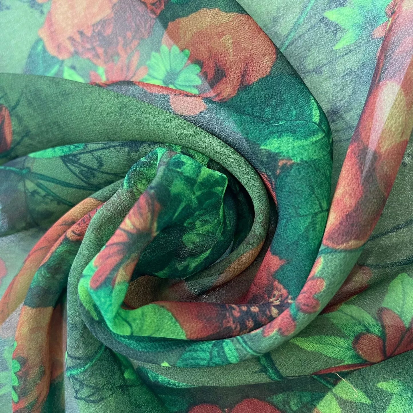 Waldgrüner Chiffonstoff mit Blumenmuster, durchsichtig, für Kleider, Bastel- und Dekorationsstoffe, 111,8 cm, Meterware