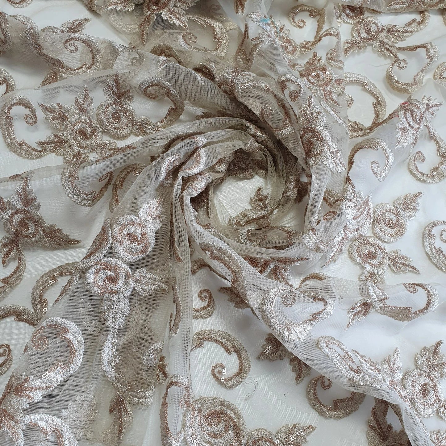 Gold Luxury Floral Embroidered Net Fabric – Designer Mesh Fabric 44" By The Meter
