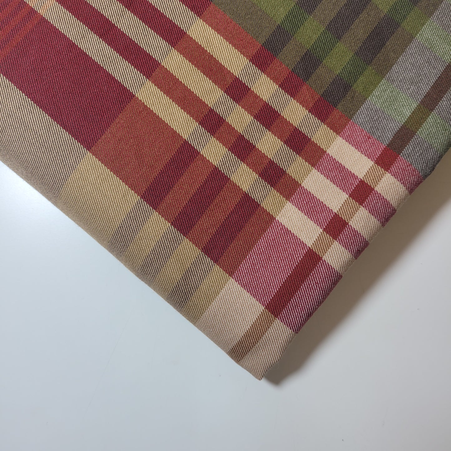 * Clearance * Geometric Stripes & Tartan Chenille Tapestry-Inspired Medium to Heavyweight Curtain & Upholstery Fabrics – 58" Wide", Sold by the Meter (Green Red Tartan)