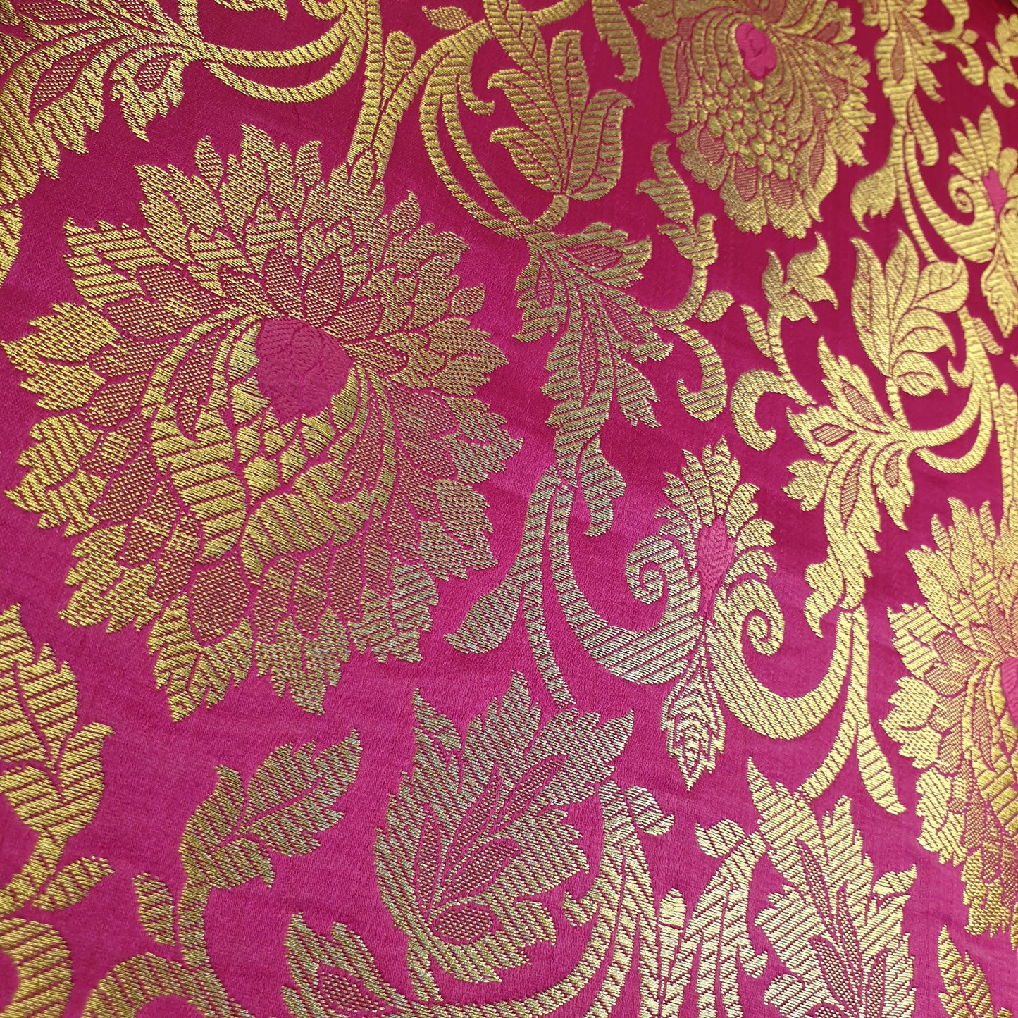 Cerise Pink Banarasi Brocade Fabric with Gold Zari Floral Design | Premium Indian Jacquard Material By Meter 44"