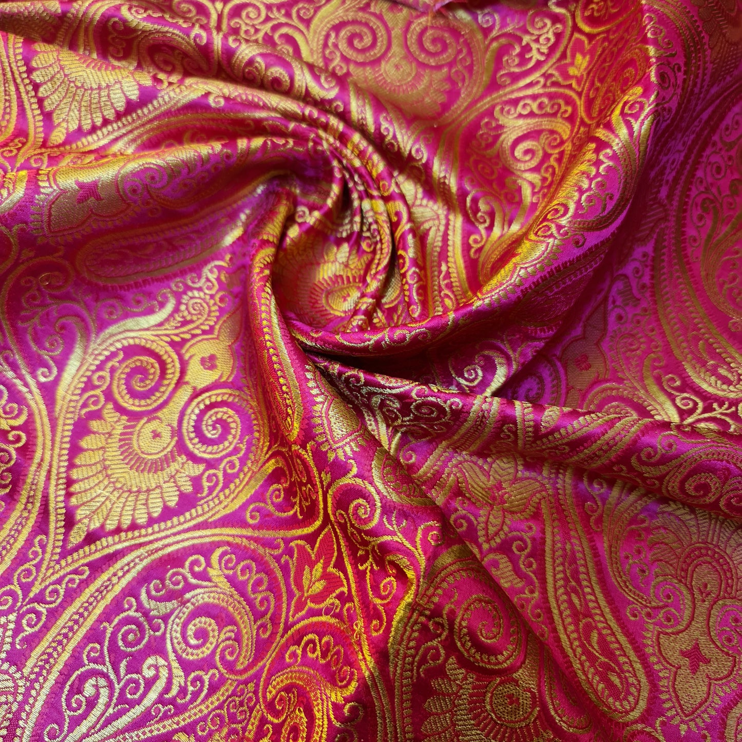 Hot Pink Double Paisley Gold Metallic Banarasi Brocade Fabric | Dress, Craft & Décor Material | 44" Wide By the Meter