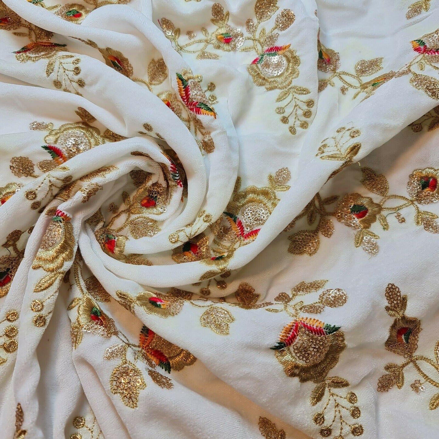 Ivory Floral Embroidery 3 Crown Triple Velvet Fabric Dress Craft Décor Material 44" By The Meter