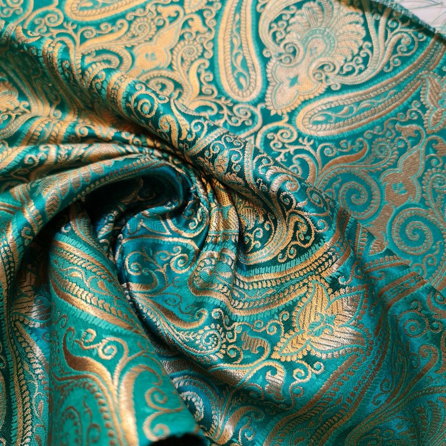 Jade Double Paisley Gold Metallic Banarasi Brocade Fabric | Dress, Craft & Décor Material | 44" Wide By the Meter