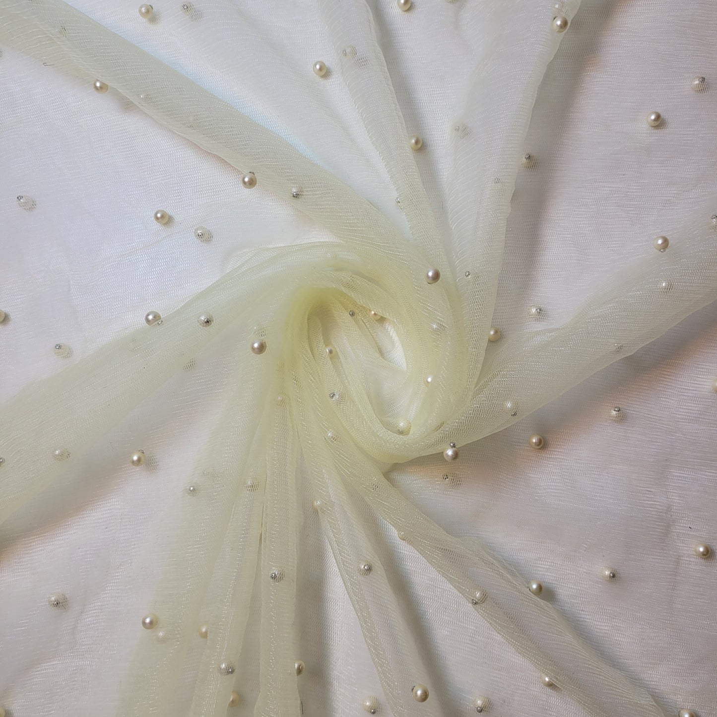 Cream Pearl Beaded Soft Tulle Mesh Fabric Embellished Net Material 58" Wide By The Meter