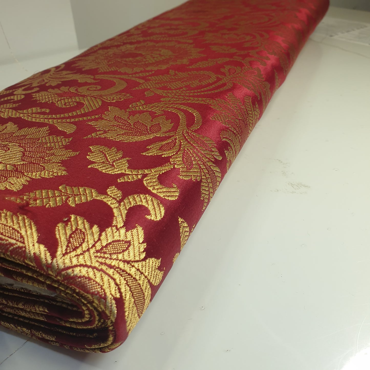 Maroon Banarasi Brocade Fabric with Gold Zari Floral Design | Premium Indian Jacquard Material By Meter 44"