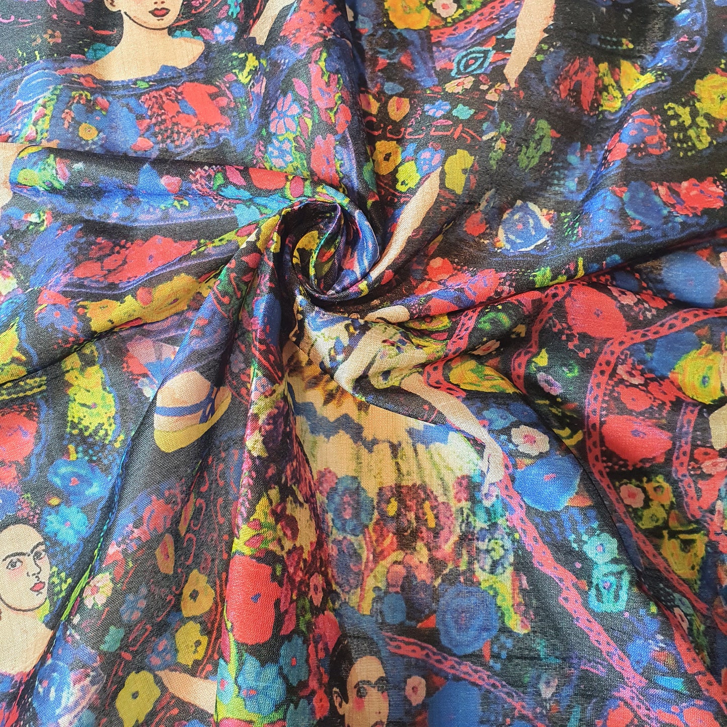 Mehrfarbige, florale Frida Kahlo-Porträts, Digitaldruck, Kunstseide, Stoff, Kleider, Bastelmaterial, Quiltmaterial, 111,8 cm, Meterware