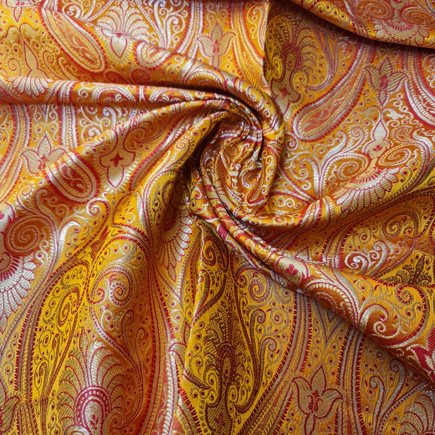 Mustard Double Paisley Gold Metallic Banarasi Brocade Fabric | Dress, Craft & Décor Material | 44" Wide By the Meter
