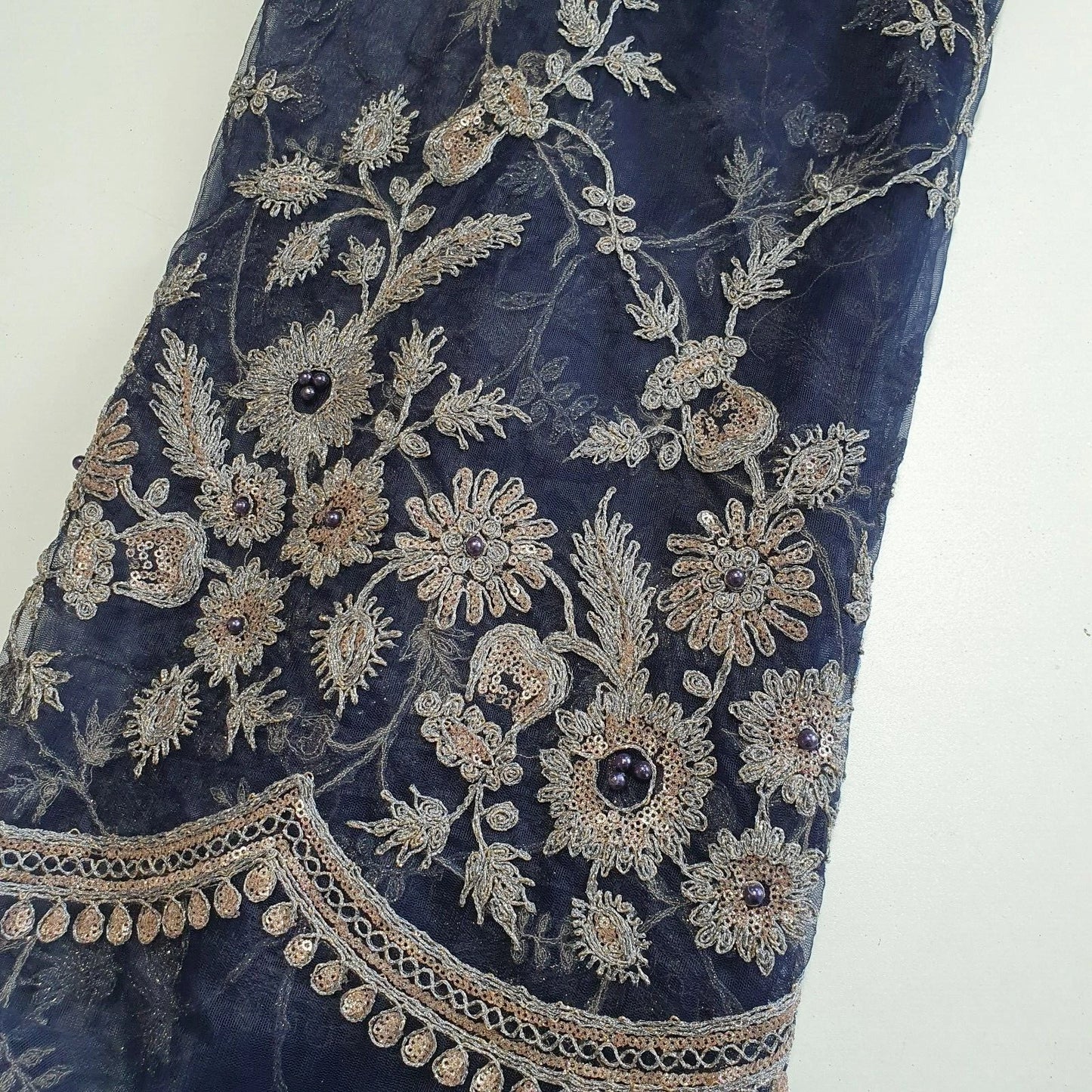 Navy Blue Luxury Embroidered Net Fabric with Sequins & Pearl Work 44" By The Meter