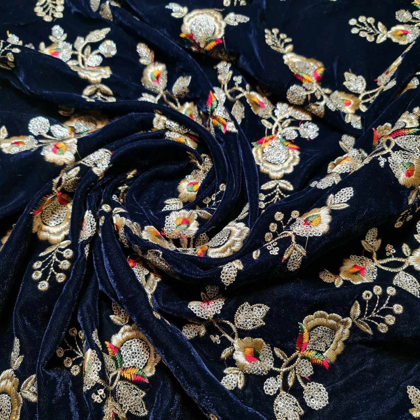 Navy Floral Embroidery 3 Crown Triple Velvet Fabric Dress Craft Décor Material 44" By The Meter