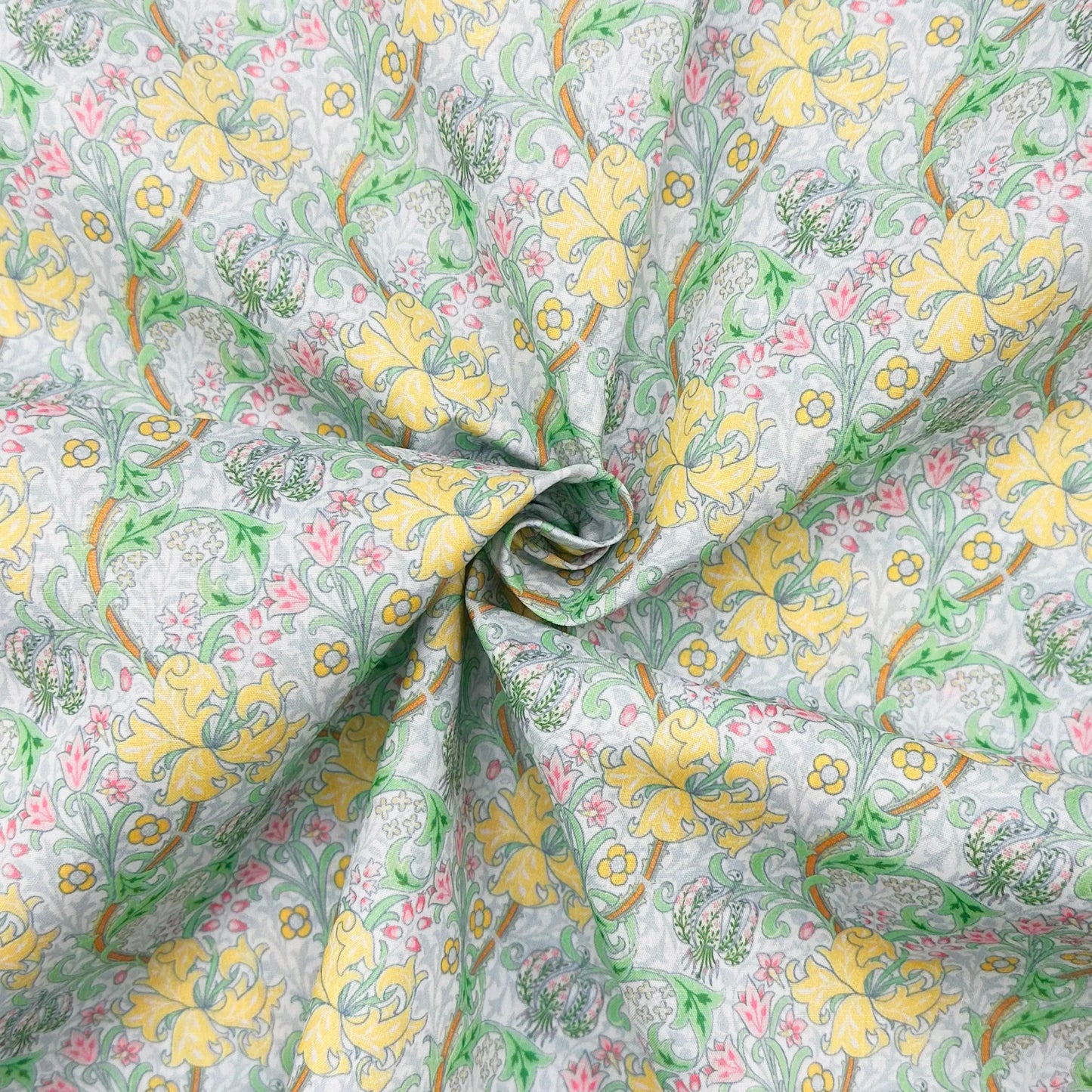 Polycotton Digital Print Fabric | 80% Polyester 20% Cotton 45" (115cm) Wide Lightweight Printed Fabric – Sold by the Meter – Golden Lily Pastel Green (PCD023)