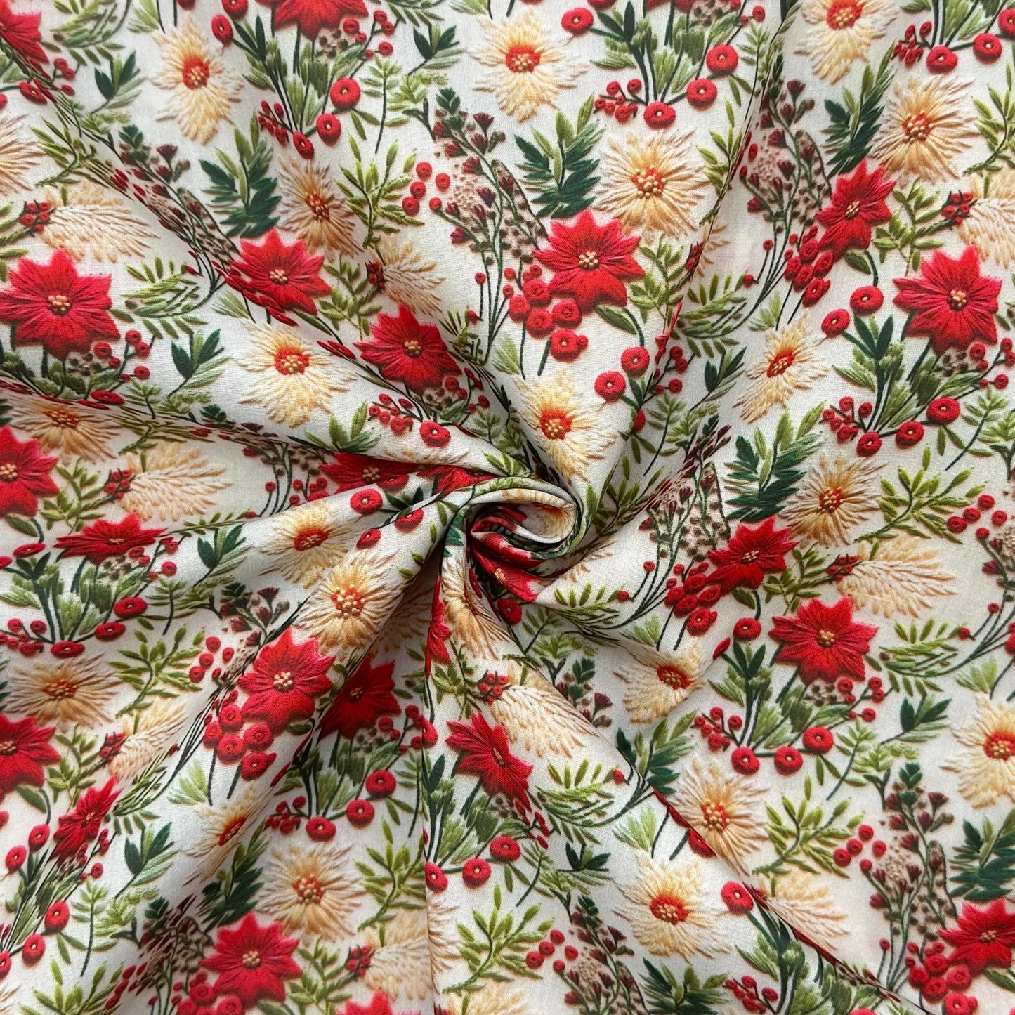 Polycotton Digital Print Fabric | 80% Polyester 20% Cotton 45" (115cm) Wide Lightweight Printed Fabric – Sold by the Meter – 3D Christmas Flowers (PCD043)