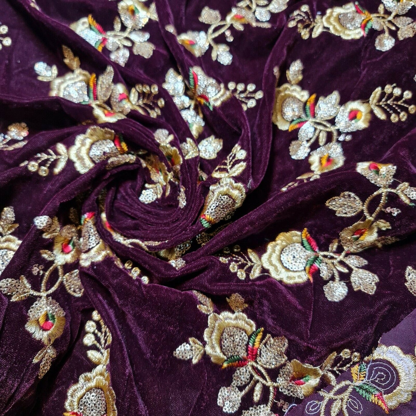 Plum Floral Embroidery 3 Crown Triple Velvet Fabric Dress Craft Décor Material 44" By The Meter
