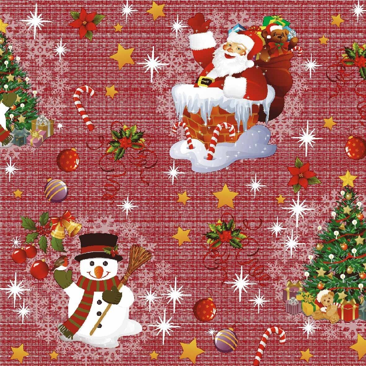 Red Christmas Snowman PVC Vinyl Tablecloth Fabric – 58" Wide, Waterproof, Easy-Clean Party / Event Material By The Meter