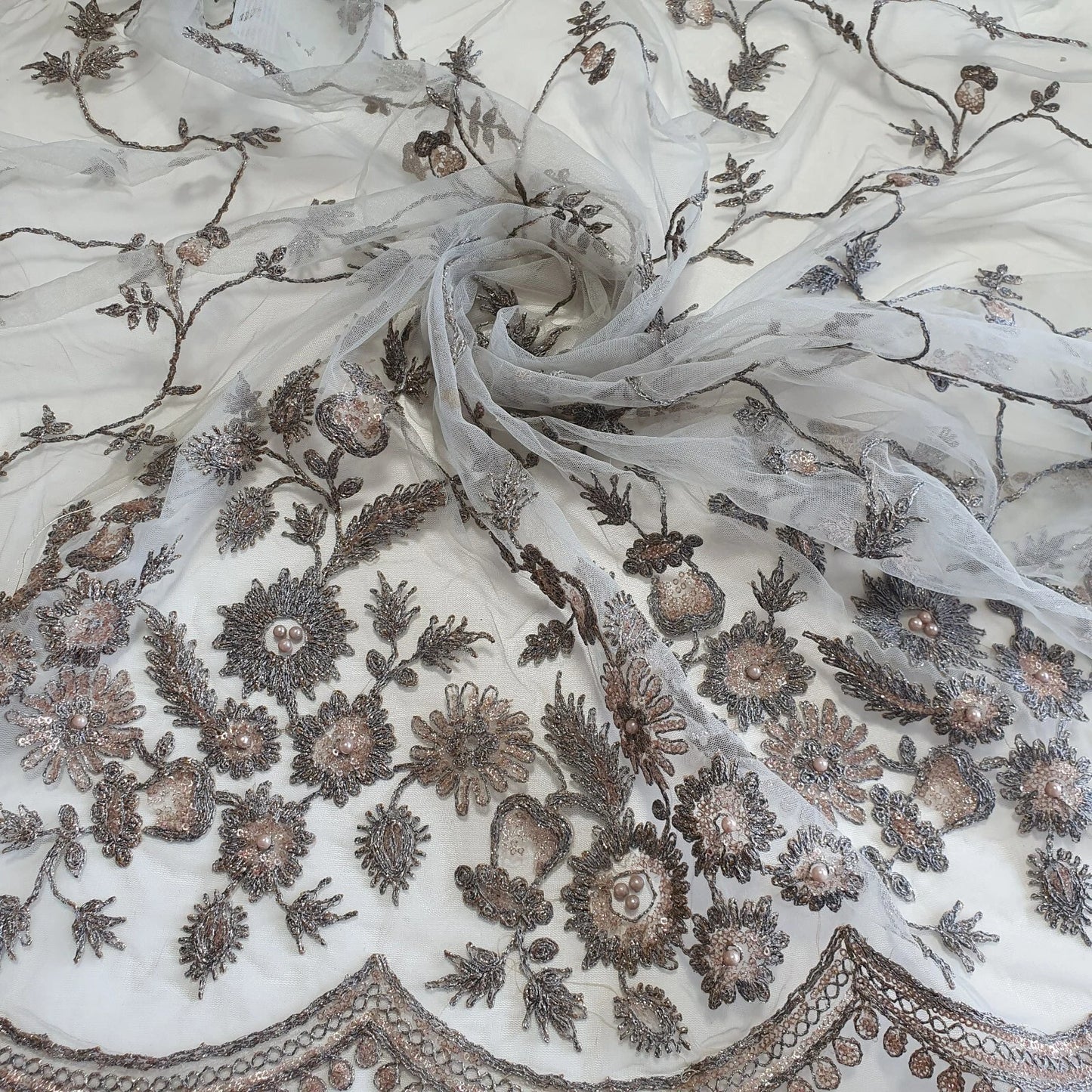 Sage Green Luxury Embroidered Net Fabric with Sequins & Pearl Work 44" By The Meter