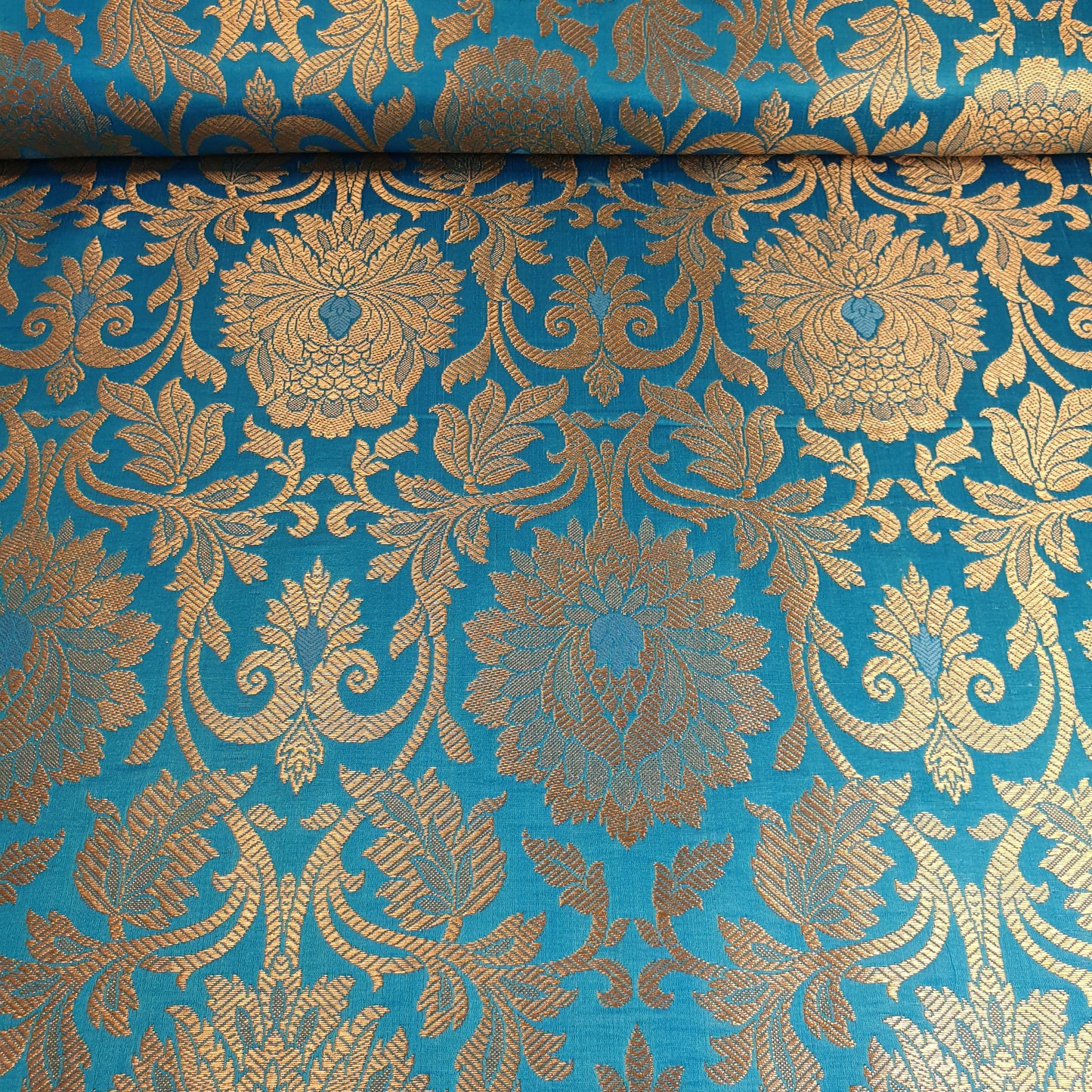Turquoise Banarasi Brocade Fabric with Gold Zari Floral Design | Premium Indian Jacquard Material By Meter 44"
