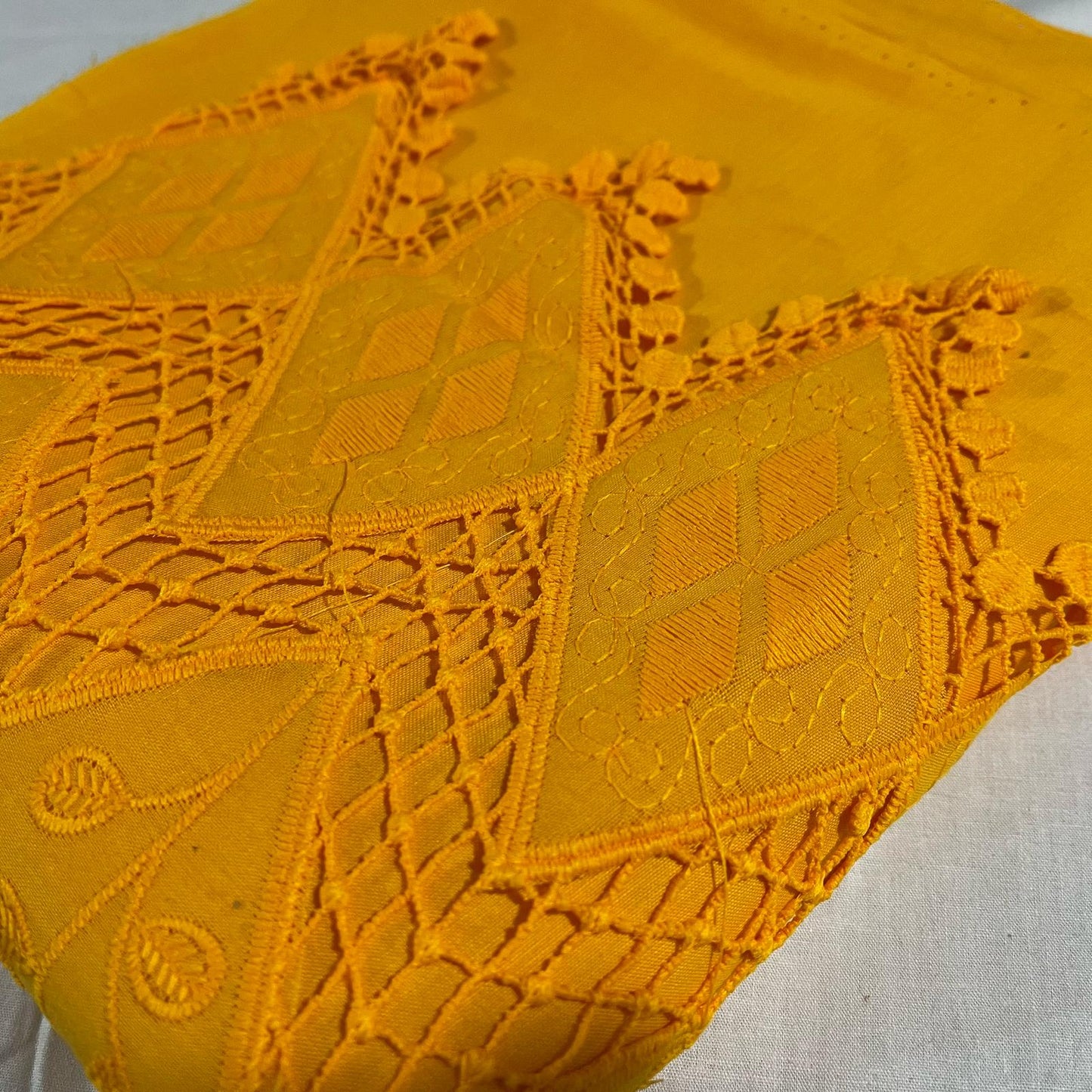 Mustard Yellow Cotton Floral Embroidery Fabric Lace Broderie Anglaise Dress Craft Material 44" By the Meter