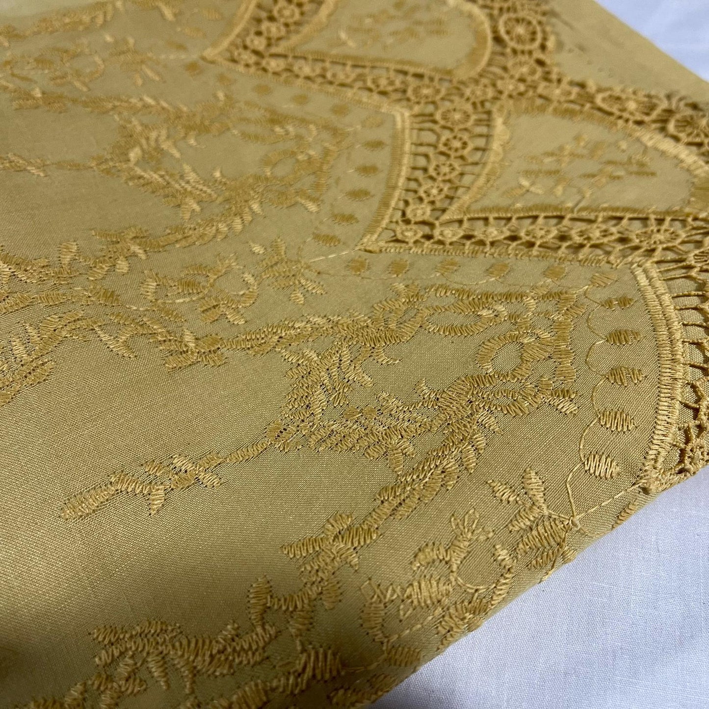 Beige Gold Cotton Floral Embroidery Fabric Lace Broderie Anglaise Dress Craft Material 44" By the Meter