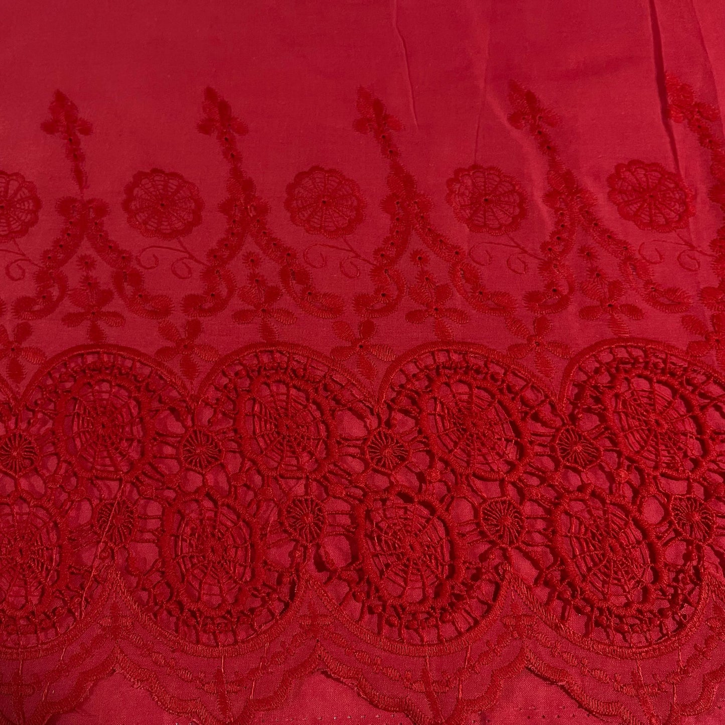 Red Cotton Floral Embroidery Fabric Lace Broderie Anglaise Dress Craft Material 44" By the Meter
