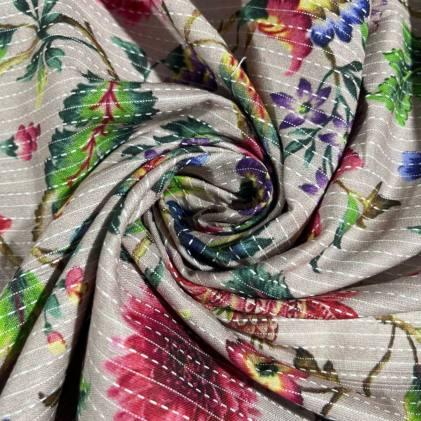 Grey English Floral Print Kantha Batik Cotton Fabric 44" Wide Dress Costume Craft Material by the Meter0