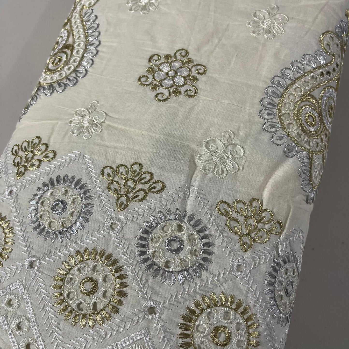 Metallic Floral Scallop Border Embroidery Dyeable Cotton Embroidery Fabric Dress Craft Quilting Material 44" Wide By Meter