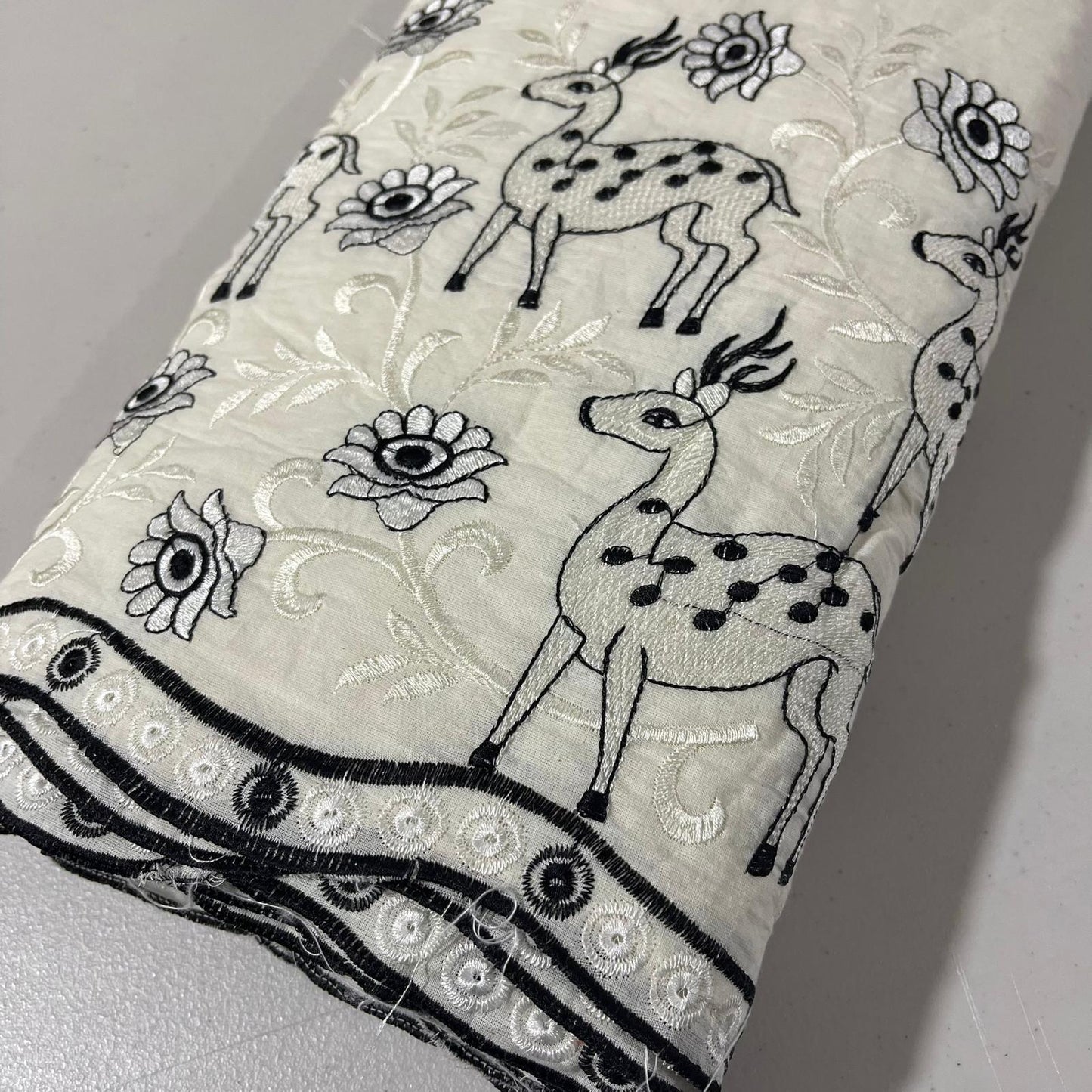 Deer Floral Bloom Embroidery Dyeable Cotton Embroidery Fabric Dress Craft Quilting Material 44" Wide By Meter