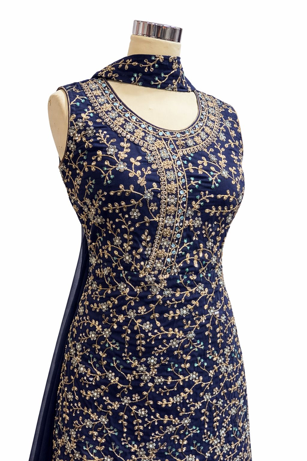 Navy Blue Hand Embroidered Suit with Georgette Sharara & Dupatta – Designer Wedding Wear | Size 38