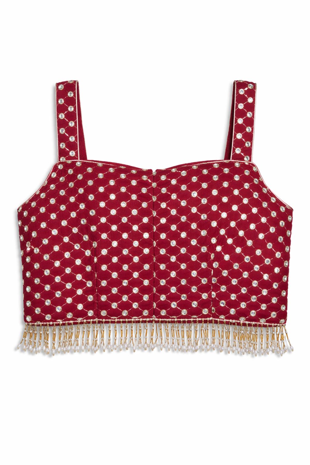 Red Mirror Work Designer Blouse with Pearl Fringe – Bridal & Lehenga Wear | Size 38