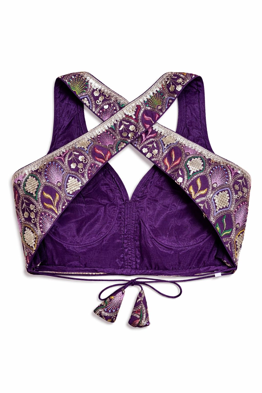 Purple Embroidered Designer Blouse with Criss-Cross Back Tie – Bridal & Lehenga Wear | Size 38