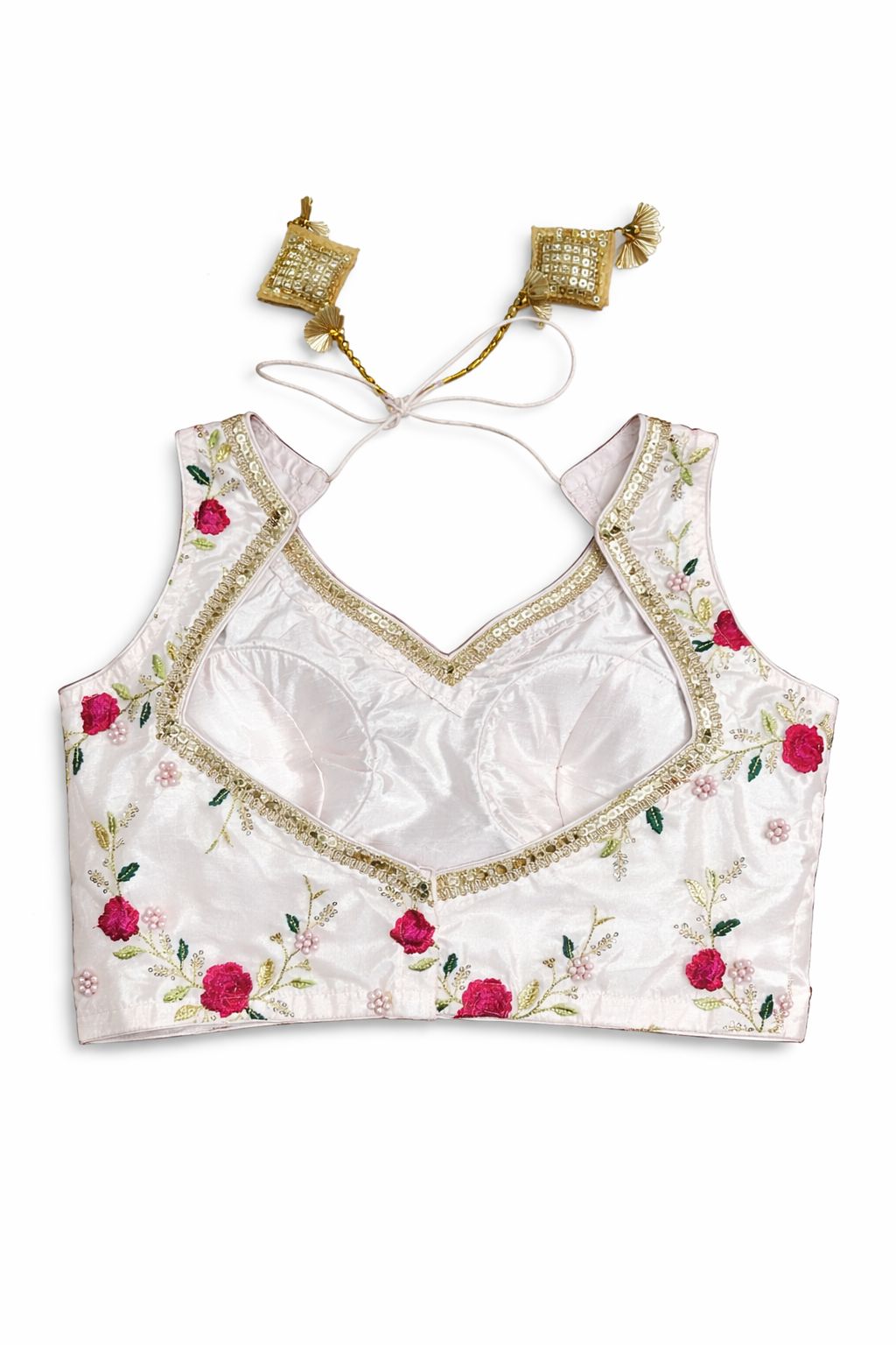 Pink Floral Embroidered Designer Blouse with Tie-Up Back – Bridal & Lehenga Wear | Size 38