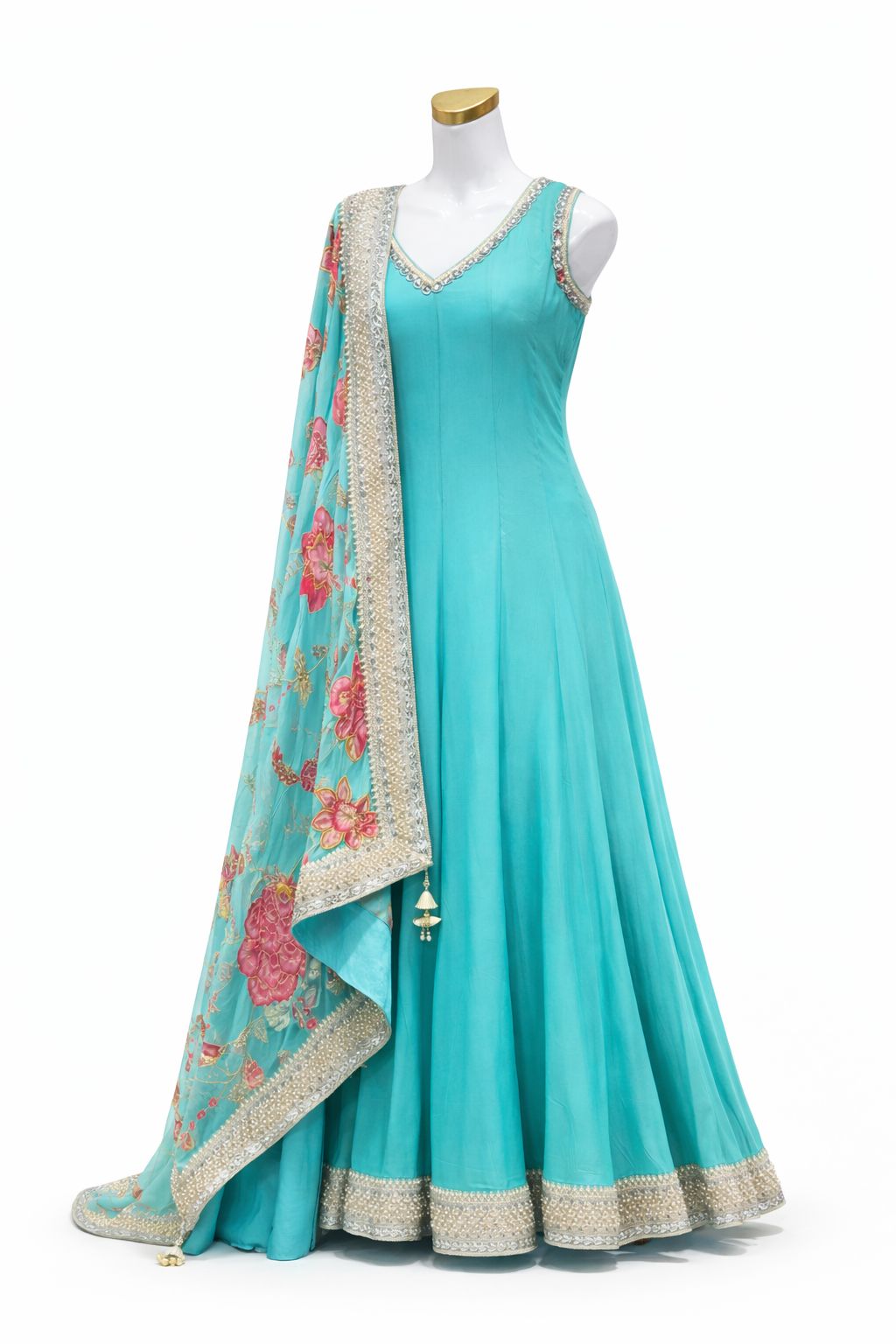 Turquoise Blue Anarkali Gown with Floral Embroidered Dupatta – Festive & Wedding Wear | Size 36