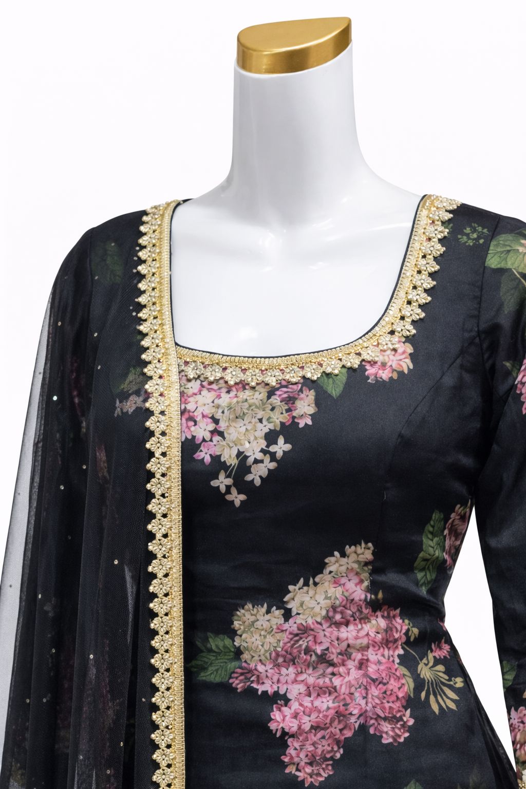 Black Floral Sharara Set with Printed Kurti & Net Dupatta – Festive & Party Wear | Size 34