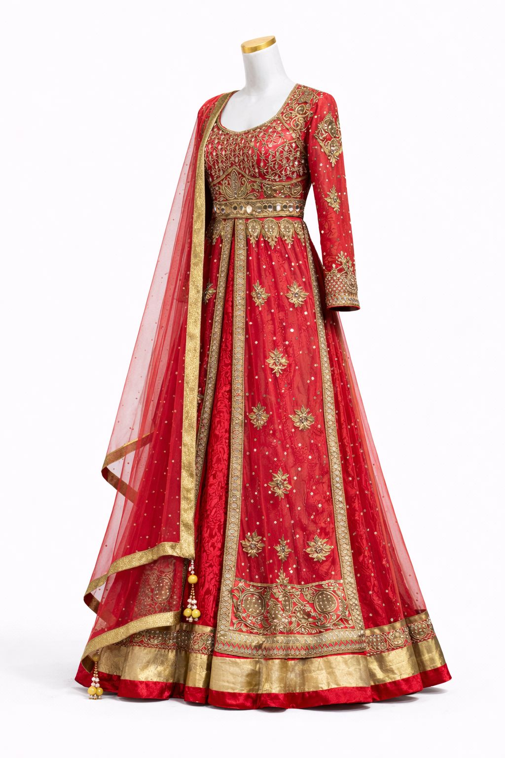 Bridal Red Anarkali Gown with Heavy Zari & Mirror Work – Wedding & Reception Wear | Size 38