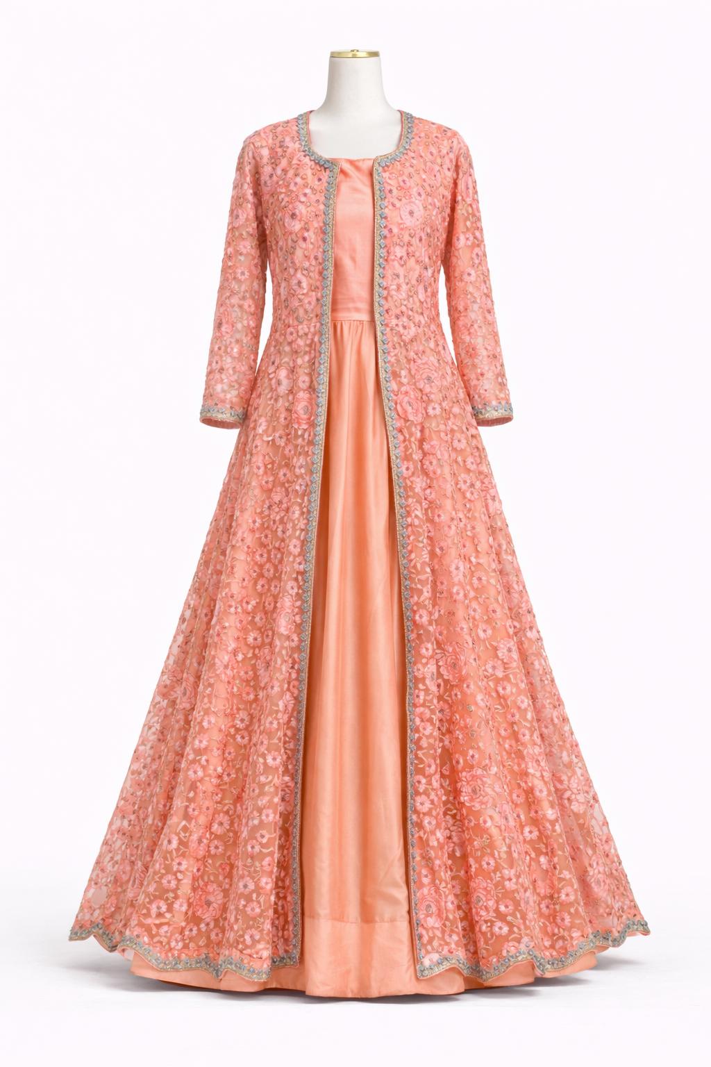 Peach Floral Embroidered Anarkali Gown with Long Jacket – Hand Embroidered Festive Wear | Size 38