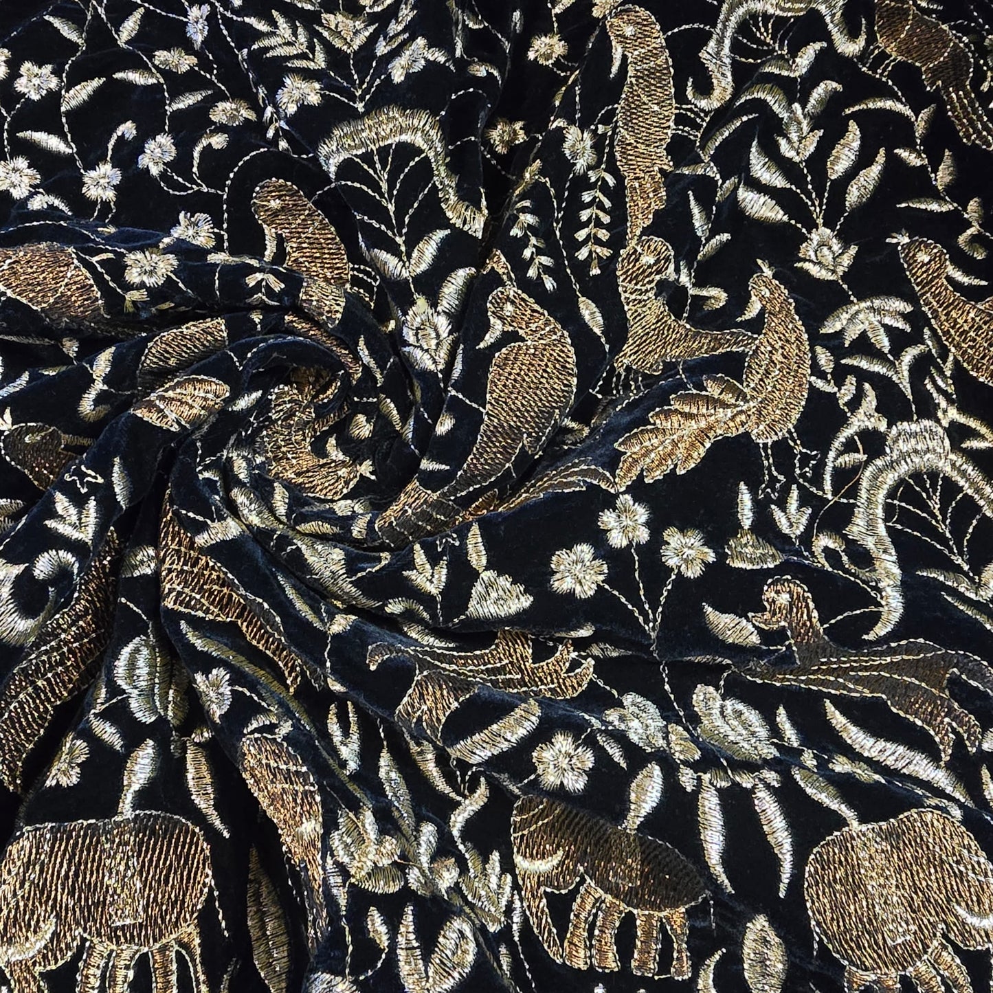 Navy Velvet Fabric Gold Animal Bird Embroidery 58" Wide Indian Wedding Dress Craft Material