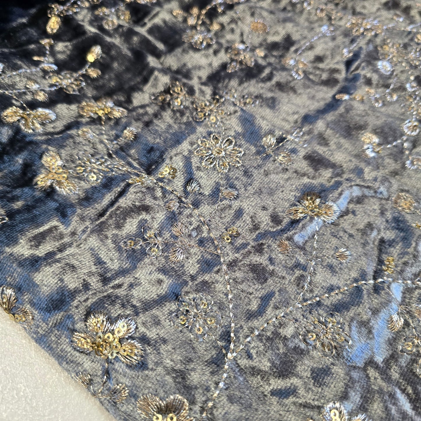 Grey Velvet Fabric Embroidered Gold Paisley – Luxury Indian Bridal Dress Material 44" by Meter