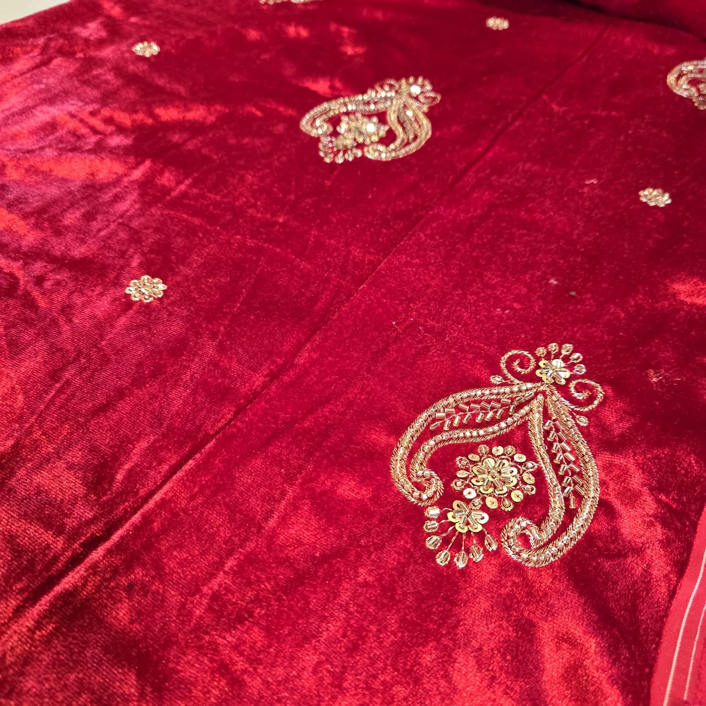 Red Velvet Fabric Hand Embroidered Gold Paisley – Luxury Indian Bridal Dress Material 44" by Meter (Copy)