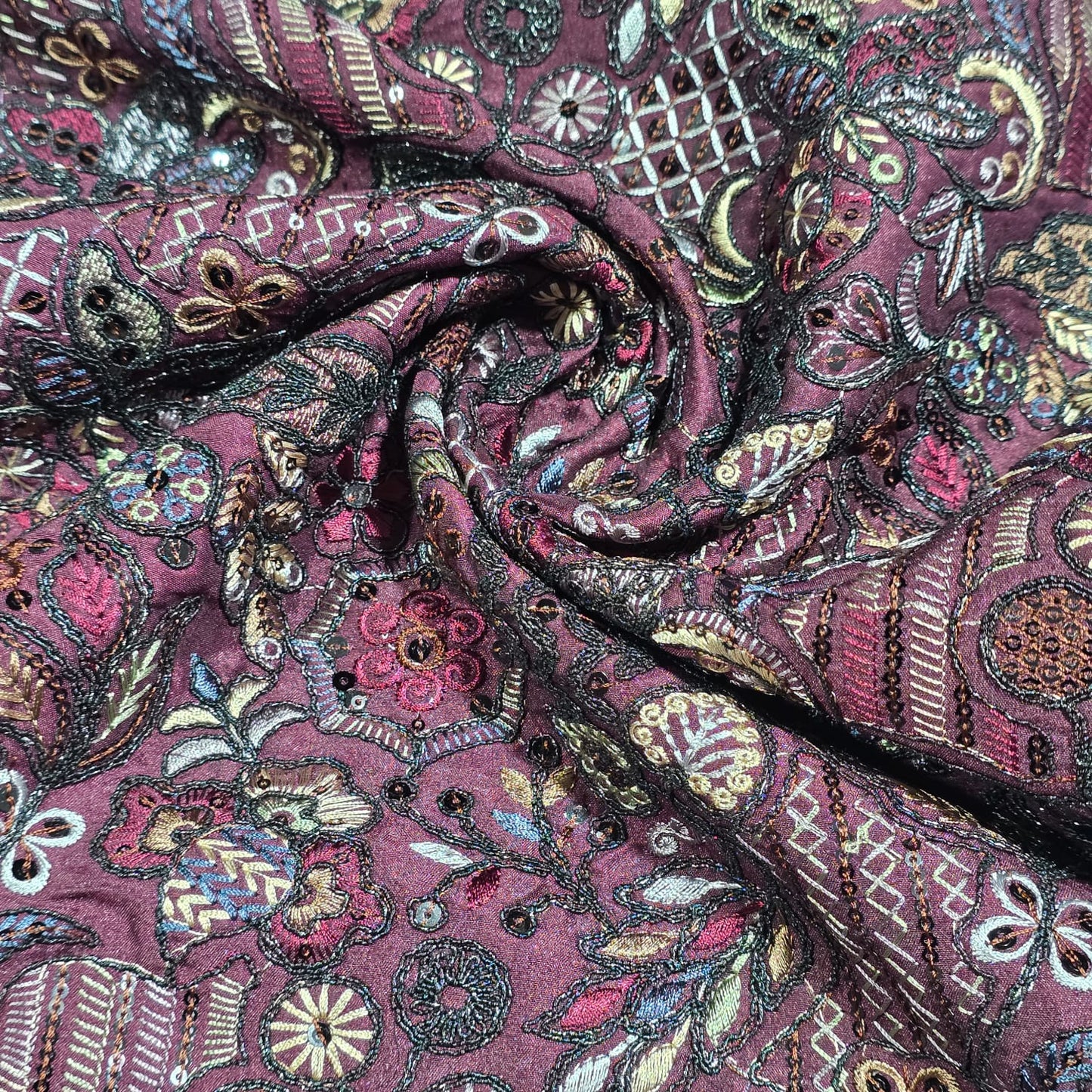 Plum Premium Embroidered Faux Silk Fabric – Designer Floral & Paisley Pattern Luxury Dress Material by Meter