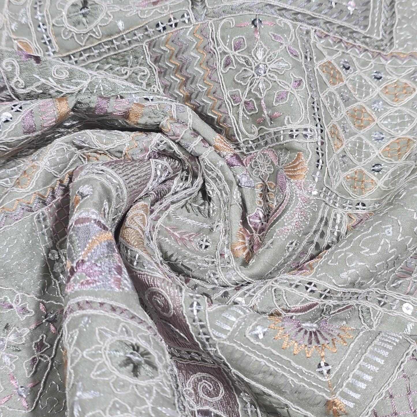 Sage Designer Tribal Embroidered Silk Fabric – Premium Ethnic Patchwork Pattern Dress Material by Meter