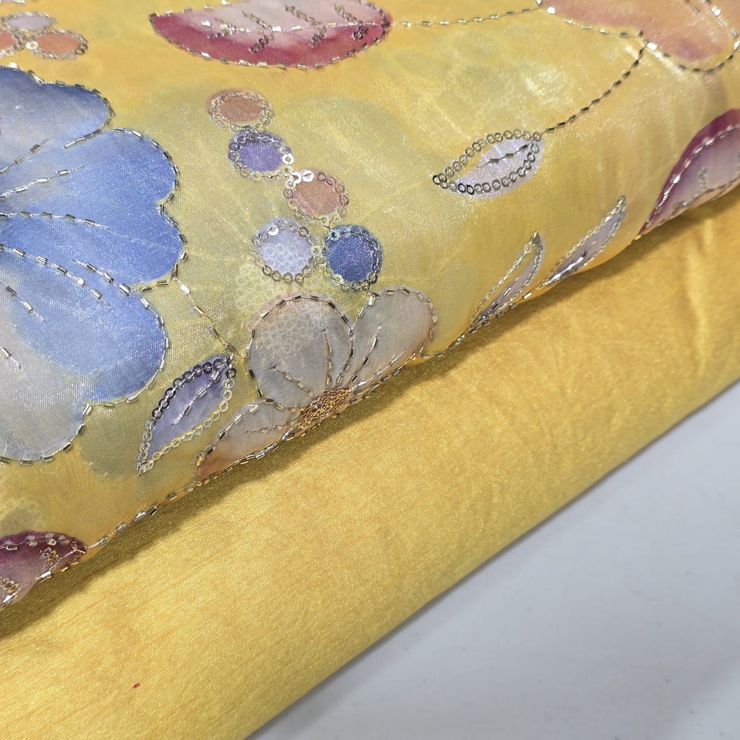 Yellow Luxury Floral Bead Embroidered Organza Fabric Sheer Dress Wedding Saree Craft Material 44" By the Meter
