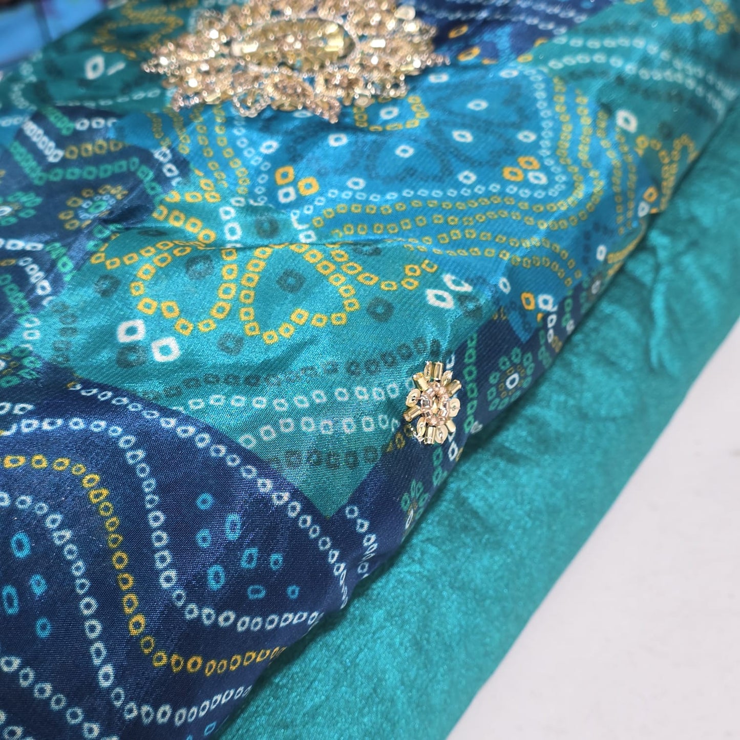 Turquoise Bandhani Print Organza Fabric with Plain Silk Fabric Indian Dress Saree Craft Material 44" By the Meter