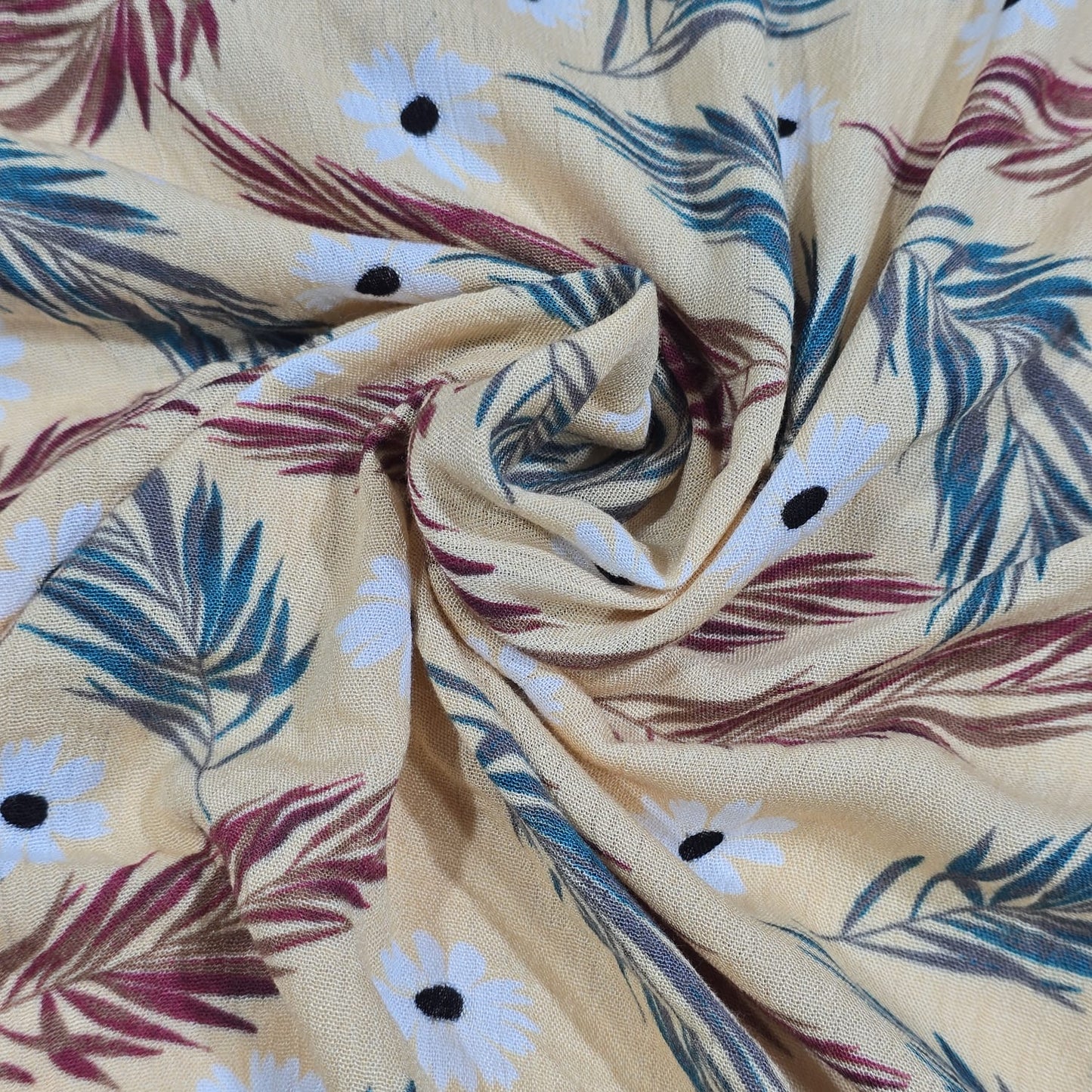 Floral Leaf Viscose Challis Print Fabric 58" By The Meter – Soft Lightweight Botanical Fabric