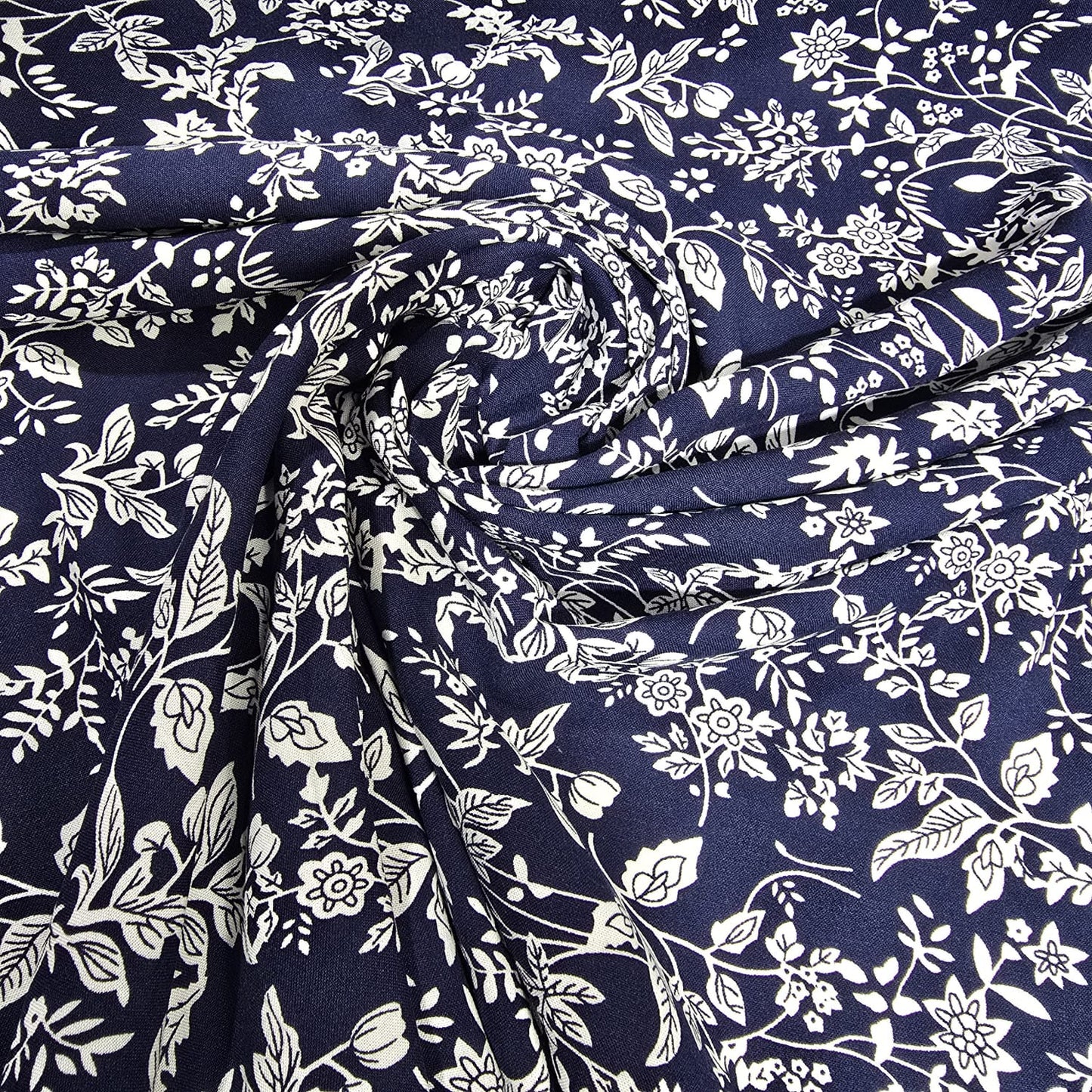 Navy Blue Botanical Vine Floral Viscose Challis Fabric 58" By The Meter Soft Lightweight Material