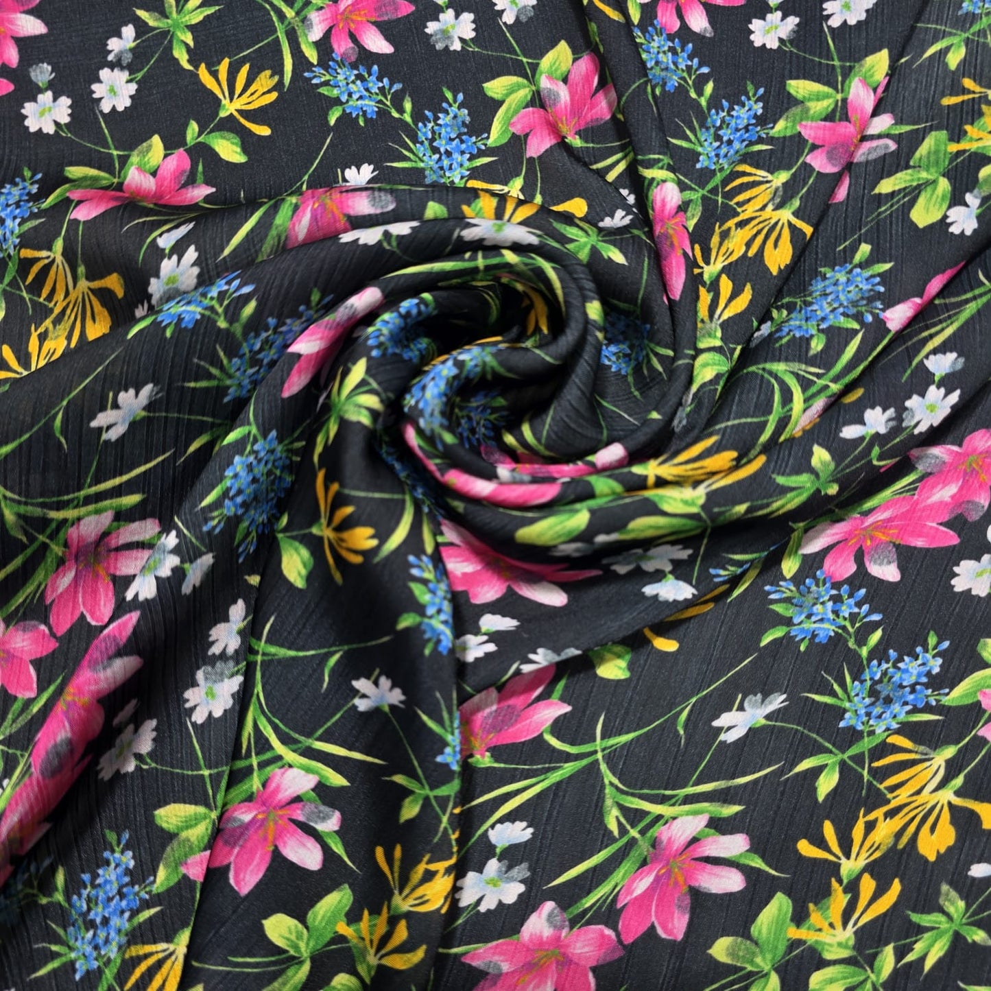 Black Floral Garden Yoryu Crinkle Satin Fabric – 58" Wide By The Meter