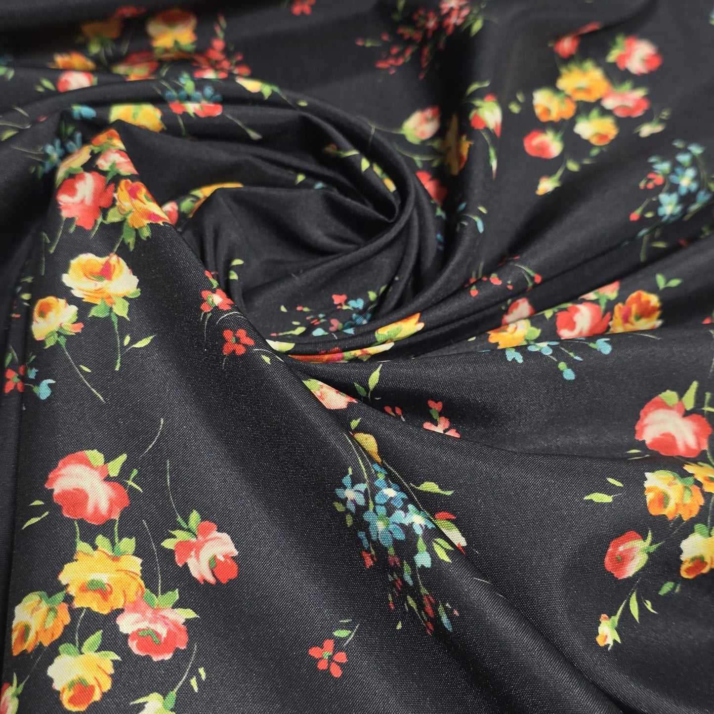 Black Rose Bouquet Floral Polyester Crepe Fabric – 58" Wide – Sold By The Meter
