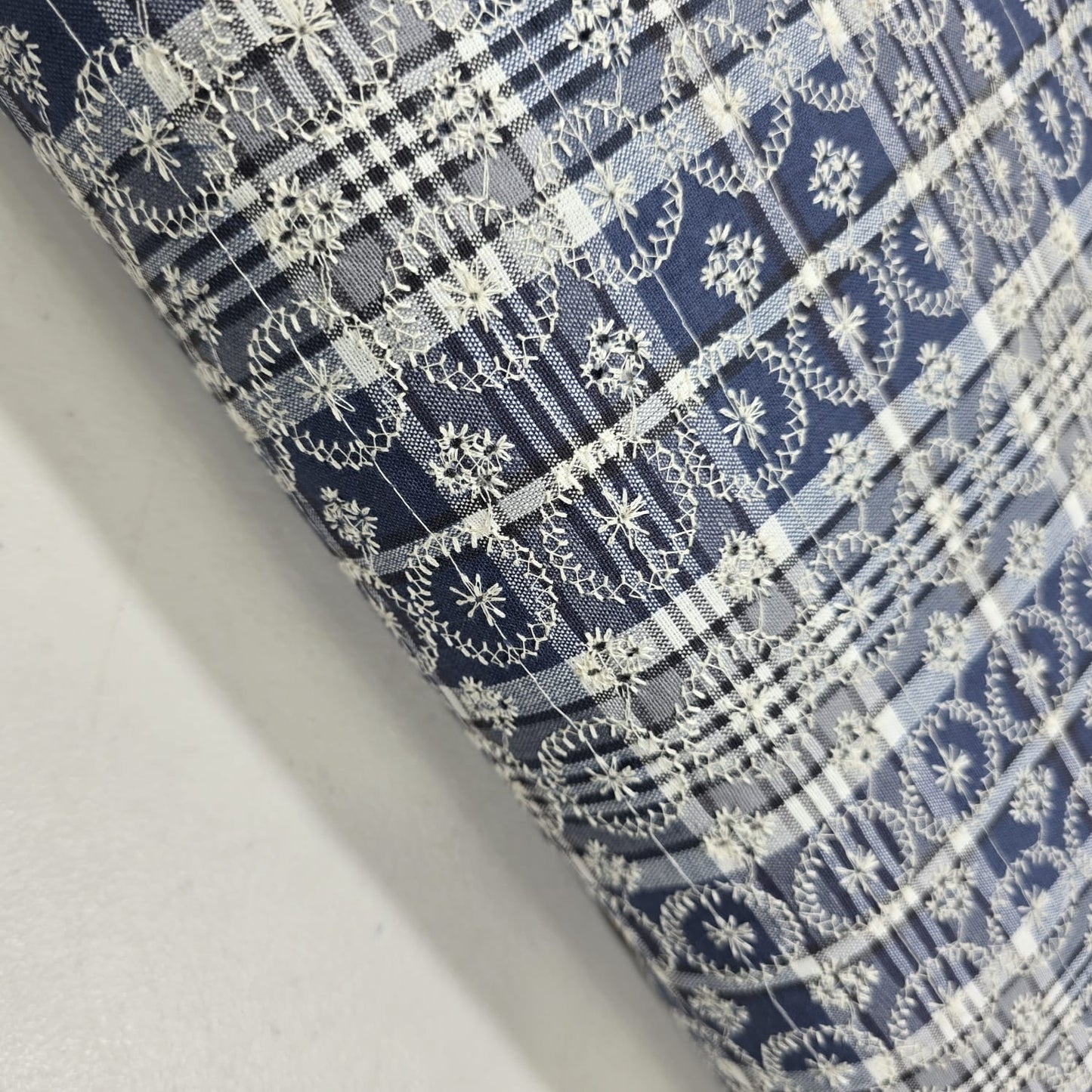New Blue Checked Embroidered Cotton Fabric 44" Wide | Floral Broderie Dressmaking, Craft & Home Décor Material by the Metre