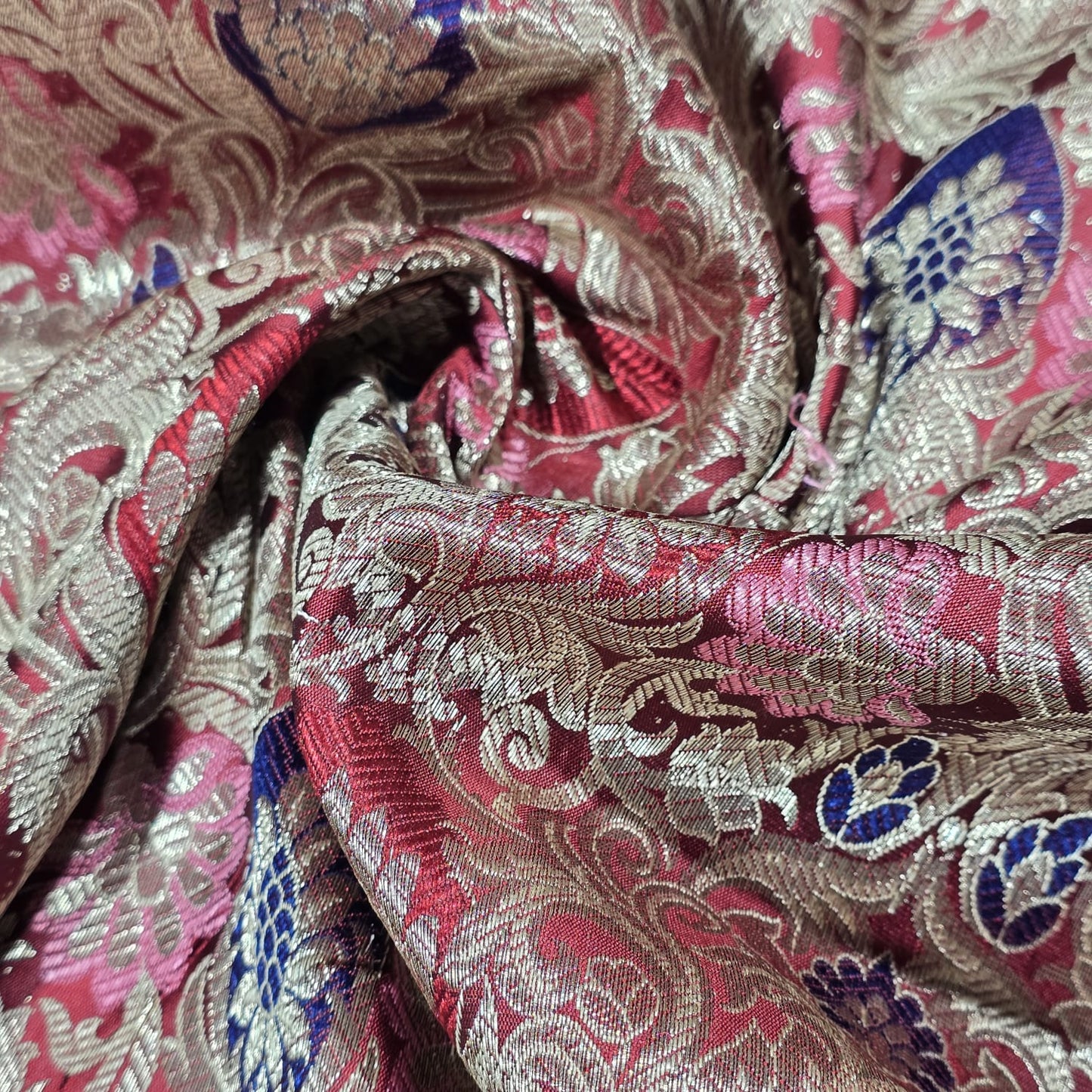 Wine Indian Banarasi Brocade Fabric Gold Jacquard Pink Blue Dress Material 44" By Meter