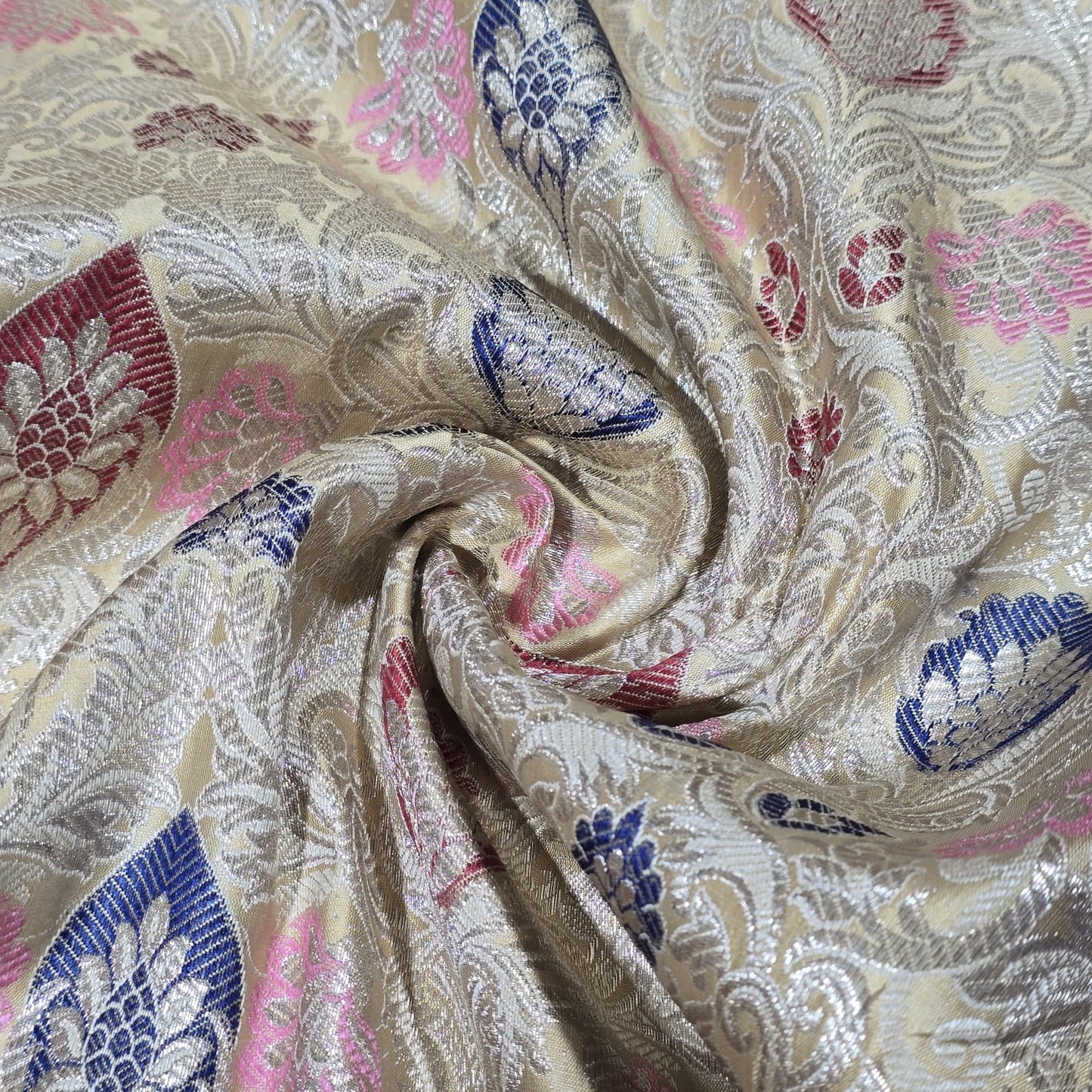 Cream Indian Banarasi Brocade Fabric Silver Jacquard Pink Blue Dress Material 44" By Meter