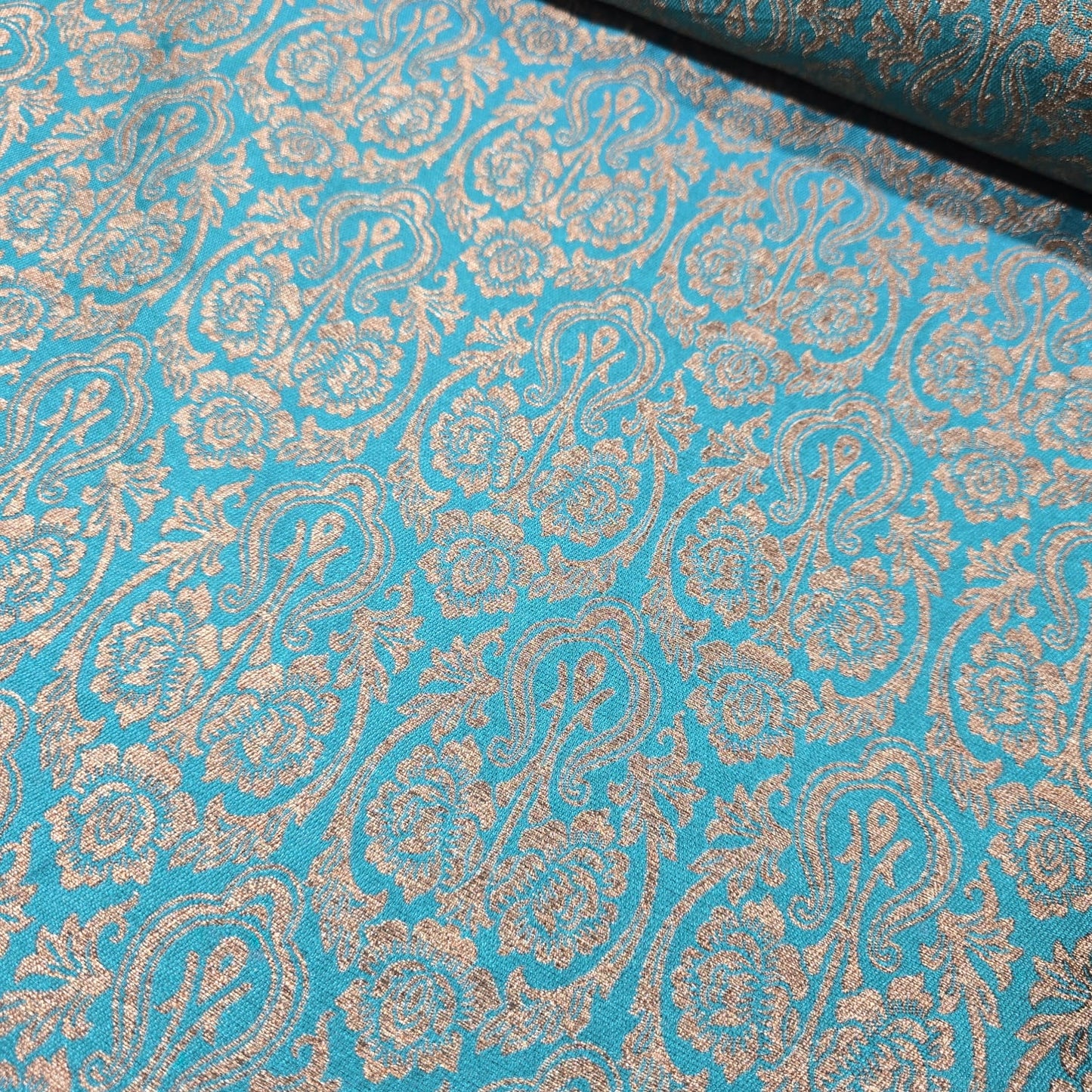 Turquoise Indian Banarasi Brocade Fabric Gold Paisley Jacquard Dress Material 44" By Meter