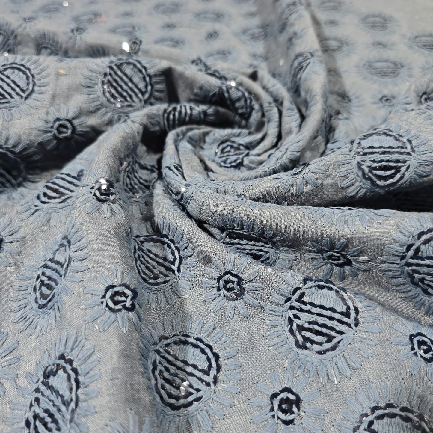 Grey Cotton Broderie Anglaise Fabric with Sequin Embroidery 44" Wide | Dress Fabric by the Meter